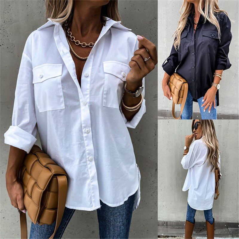 Damen Modische Hemdbluse mit praktischen Brusttaschen und legerem Schnitt EB
