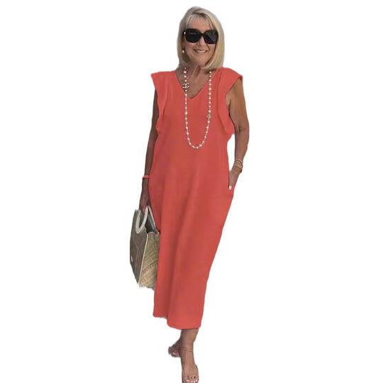 Damen Leichtes Maxikleid mit V-Ausschnitt und seitlichen Taschen EB