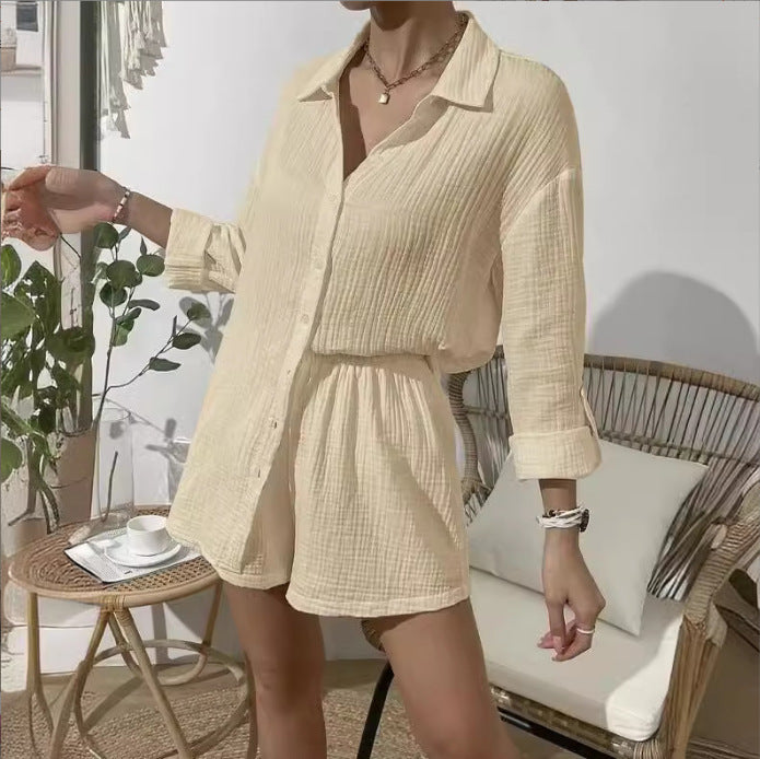Damen nan luftig-leichter Zweiteiler Lounge-Set aus Baumwoll-Gauze mit Hemdbluse und elastischer Taillen-Shorts EB