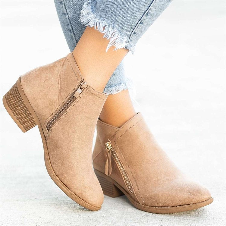Damen Ankle-Boots aus Velourslederoptik mit seitlichem Zipper und mittelhohem Blockabsatz EB