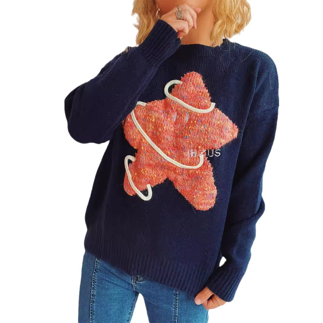 Damen Strickpullover mit kreativem Motiv und lässigem Schnitt EB