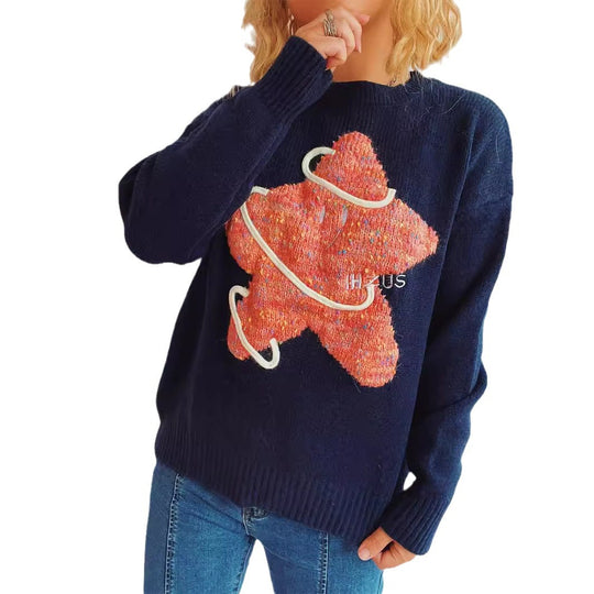 Damen Strickpullover mit kreativem Motiv und lässigem Schnitt EB