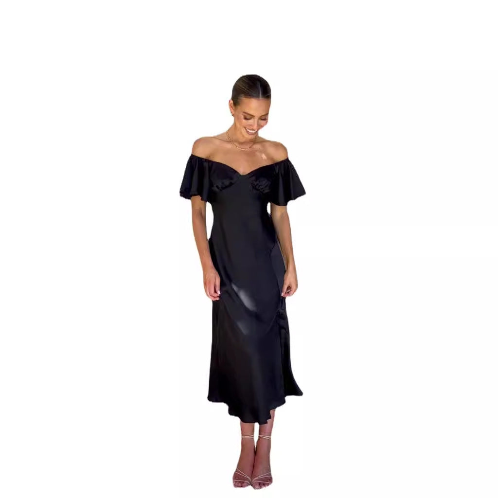 Damen elegantes Off-Shoulder Maxikleid mit seitlichem Schlitz und luftigen Rüschendetails EB