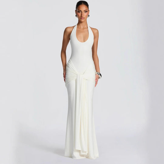 Damen Maxikleid mit elegantem Halterneck und raffinierten Drapierungen EB