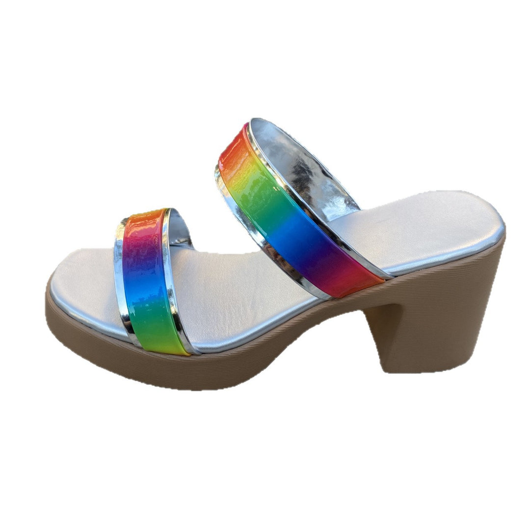 Damen Plateau-Sandalen mit regenbogenfarbenem Glanz und bequemem Absatz EB