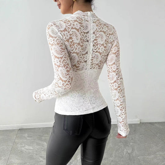Damen Spitzenshirt mit elegantem hohem Kragen und langem Arm EB