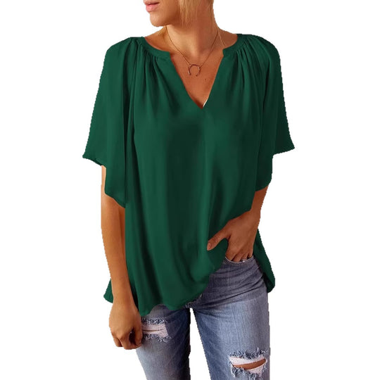 Damen lockeres Blusenshirt mit V-Ausschnitt und luftigen Ärmeln EB