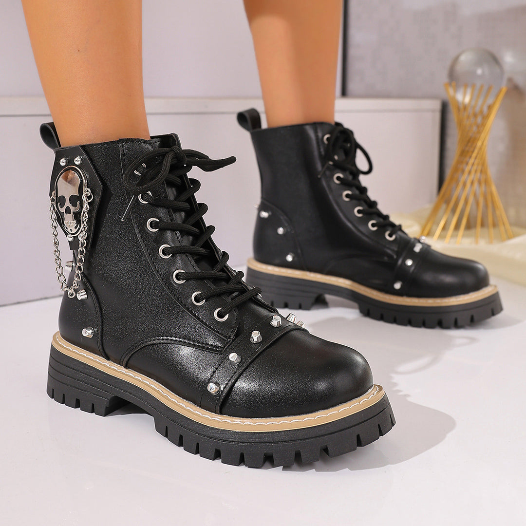Damen modische Schnürstiefel mit dekorativen Nieten und Kettenanhänger EB