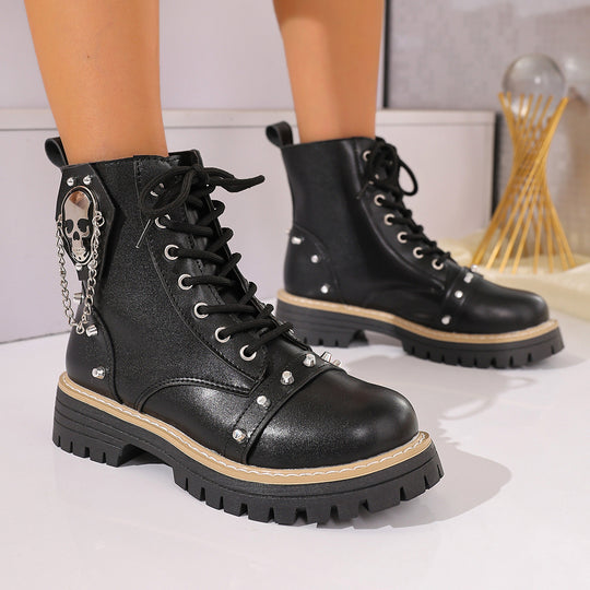 Damen modische Schnürstiefel mit dekorativen Nieten und Kettenanhänger EB