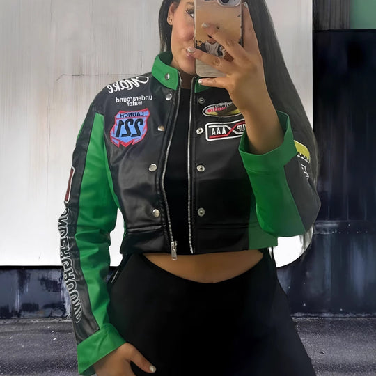Damen trendige cropped Bikerjacke mit sportlichen Patches EB