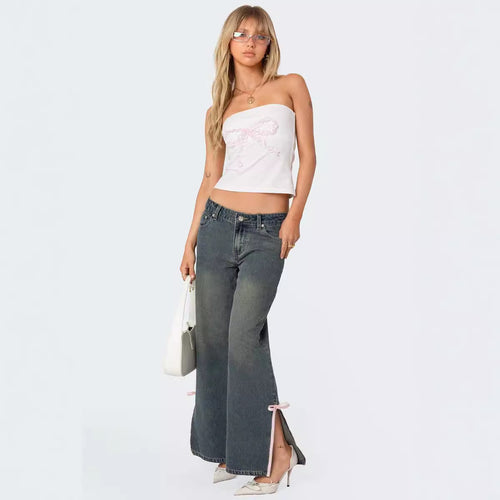 Damen Hohe Taillen Denim-Hose mit modischen Schleifendetails EB