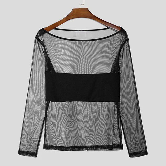 Damen nan transparentes Netz-Langarm-Oberteil mit blickdichtem Brustband und weitem Rundhalsausschnitt EB