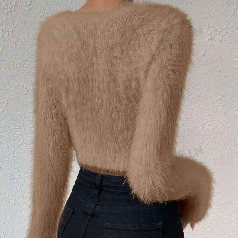 Damen Flauschiger Crop-Pullover mit V-Ausschnitt und Eyelash-Struktur EB
