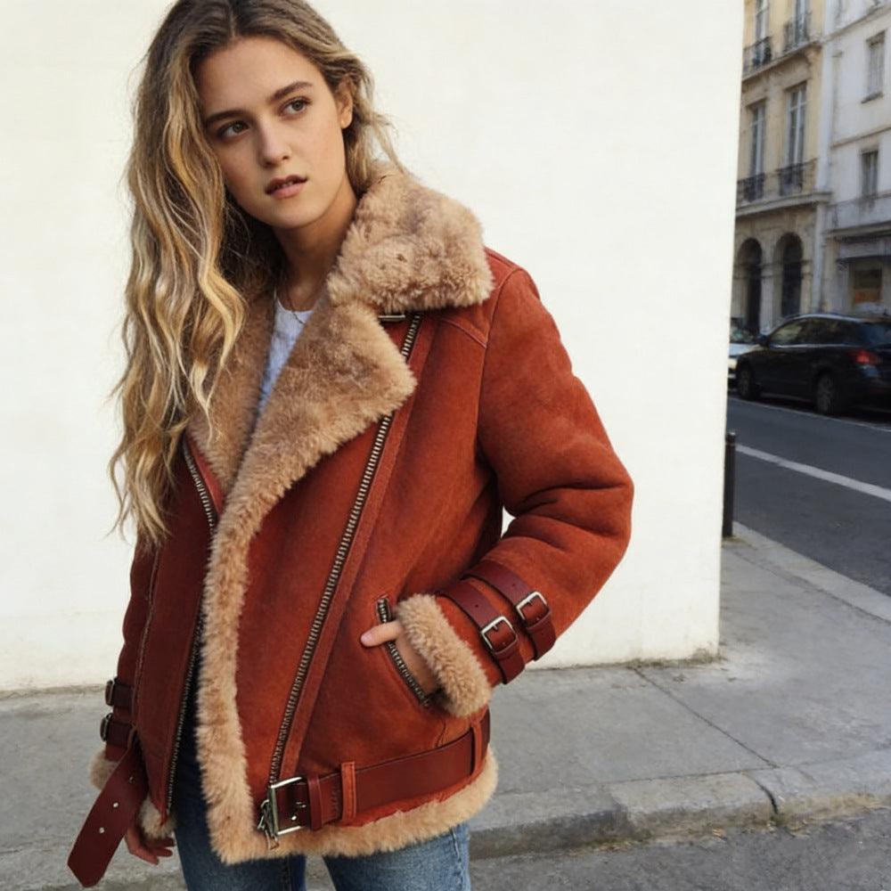 Damen nan flauschige Bikerjacke mit Teddyfutter und Schnallenbesatz EB