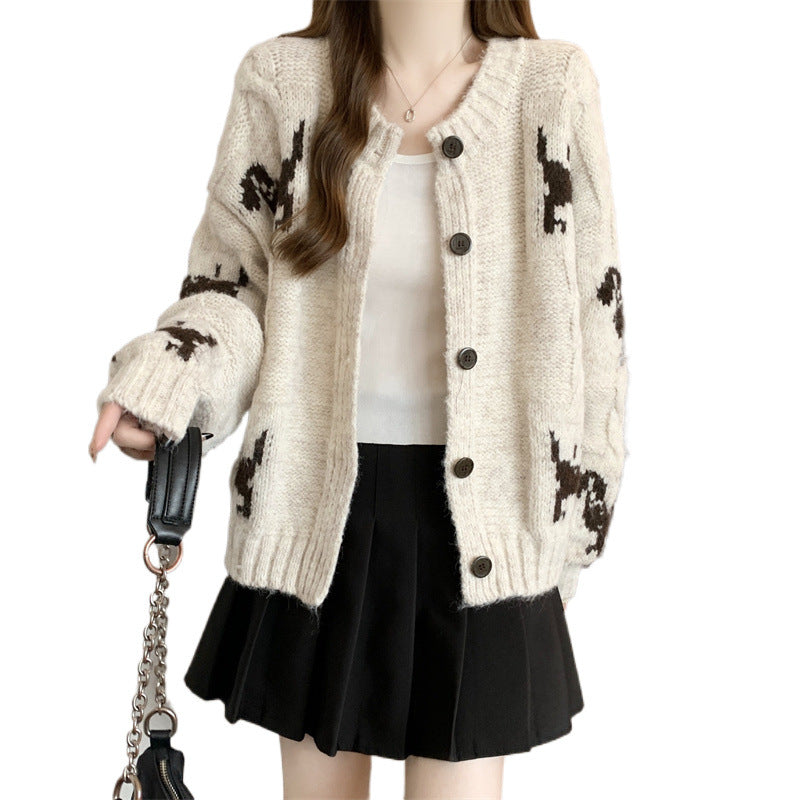 Damen Gemusterter Strickcardigan mit tierischem Motiv und bequemen Oversized-Schnitten EB