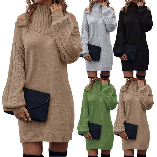 Damen Strickkleid mit schulterfreiem Design und dekorativem Zopfdetail EB