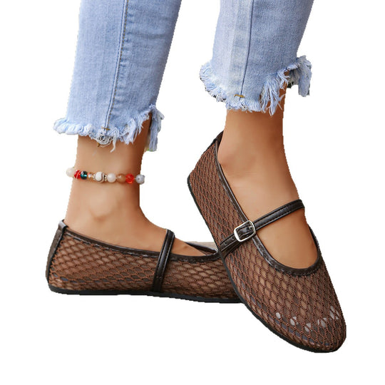 Damen Elegante Ballerinas mit modischem Netzdesign und dekorativer Schnallen-Applikation EB