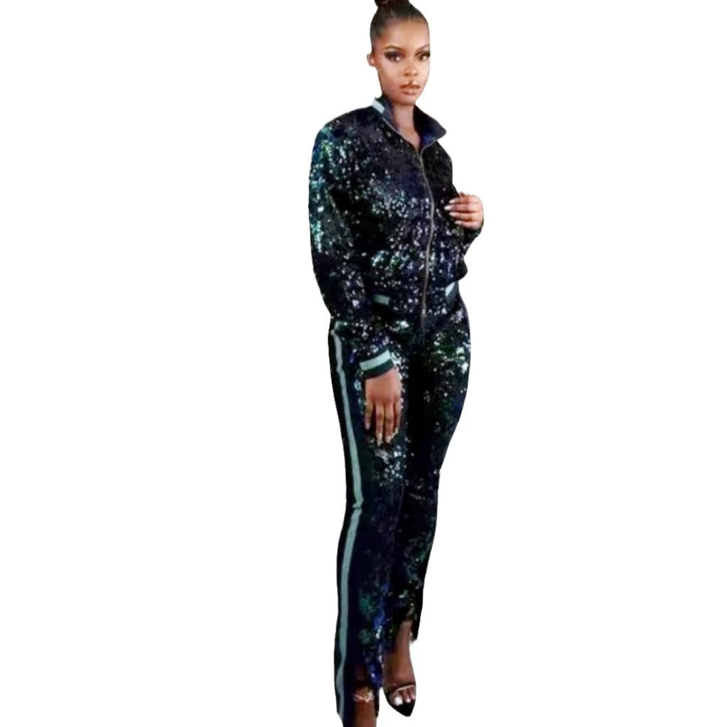 Damen Glitzerndes Sportanzug-Set mit trendigen Streifen EB