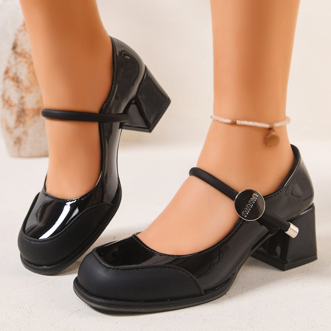 Damen elegante Lackpumps mit Blockabsatz und Riemchen-Design EB