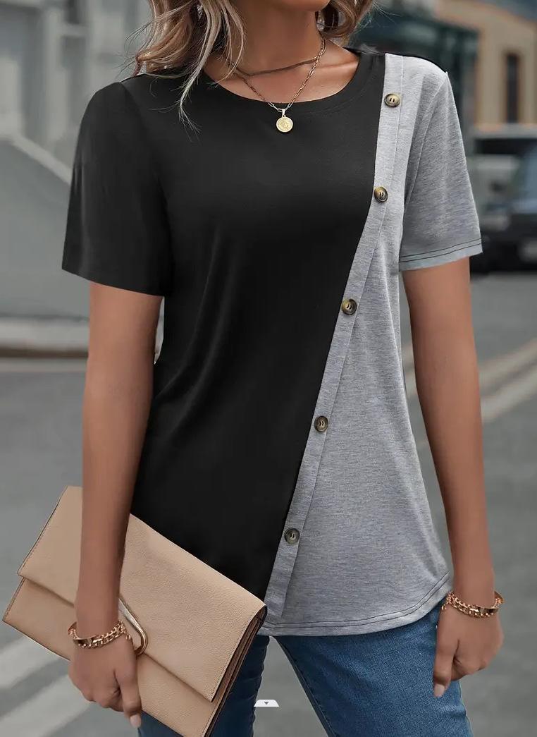 Damen kurzärmliges T-Shirt mit asymmetrischem Design und Knopfdetails EB