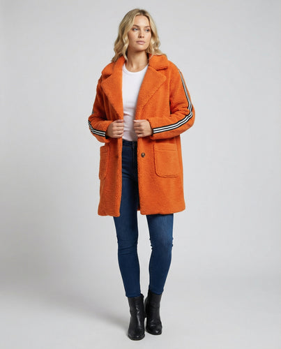 Damen eleganter Teddy-Mantel mit zwei Taschen und sportlichen Streifen EB