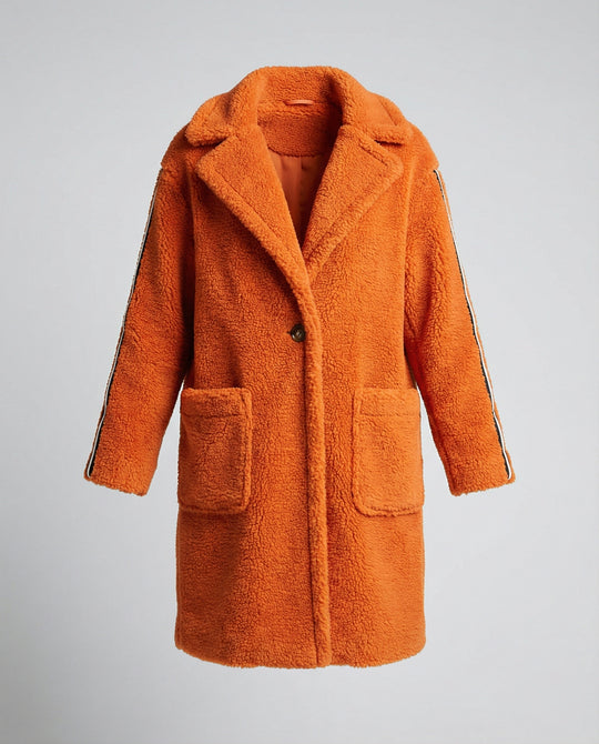 Damen eleganter Teddy-Mantel mit zwei Taschen und sportlichen Streifen EB