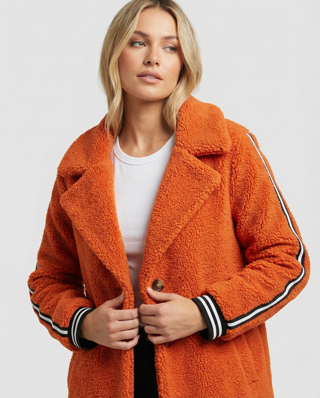 Damen eleganter Teddy-Mantel mit zwei Taschen und sportlichen Streifen EB
