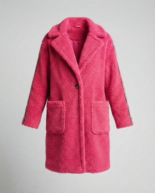 Damen eleganter Teddy-Mantel mit zwei Taschen und sportlichen Streifen EB