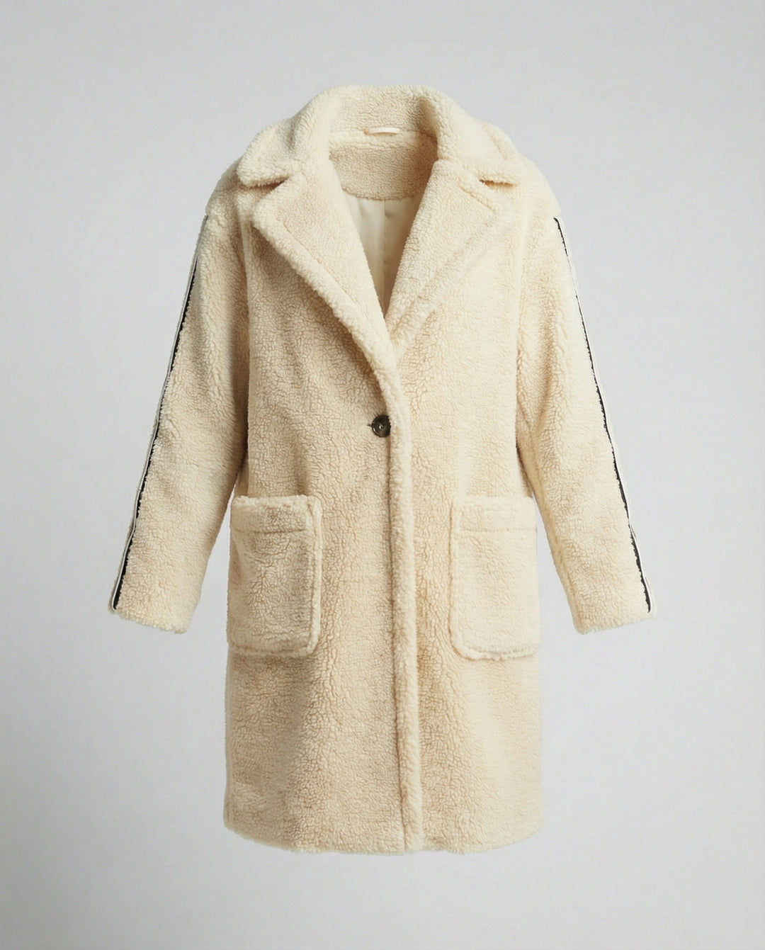 Damen eleganter Teddy-Mantel mit zwei Taschen und sportlichen Streifen EB