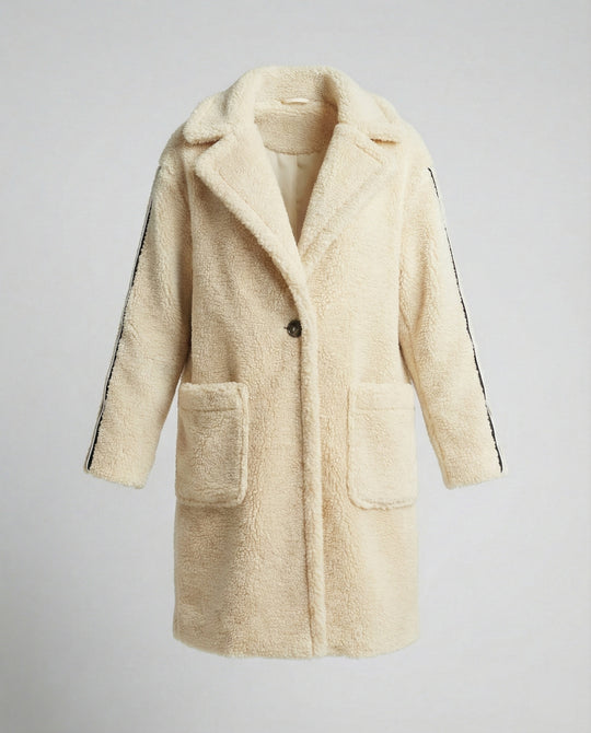Damen eleganter Teddy-Mantel mit zwei Taschen und sportlichen Streifen EB