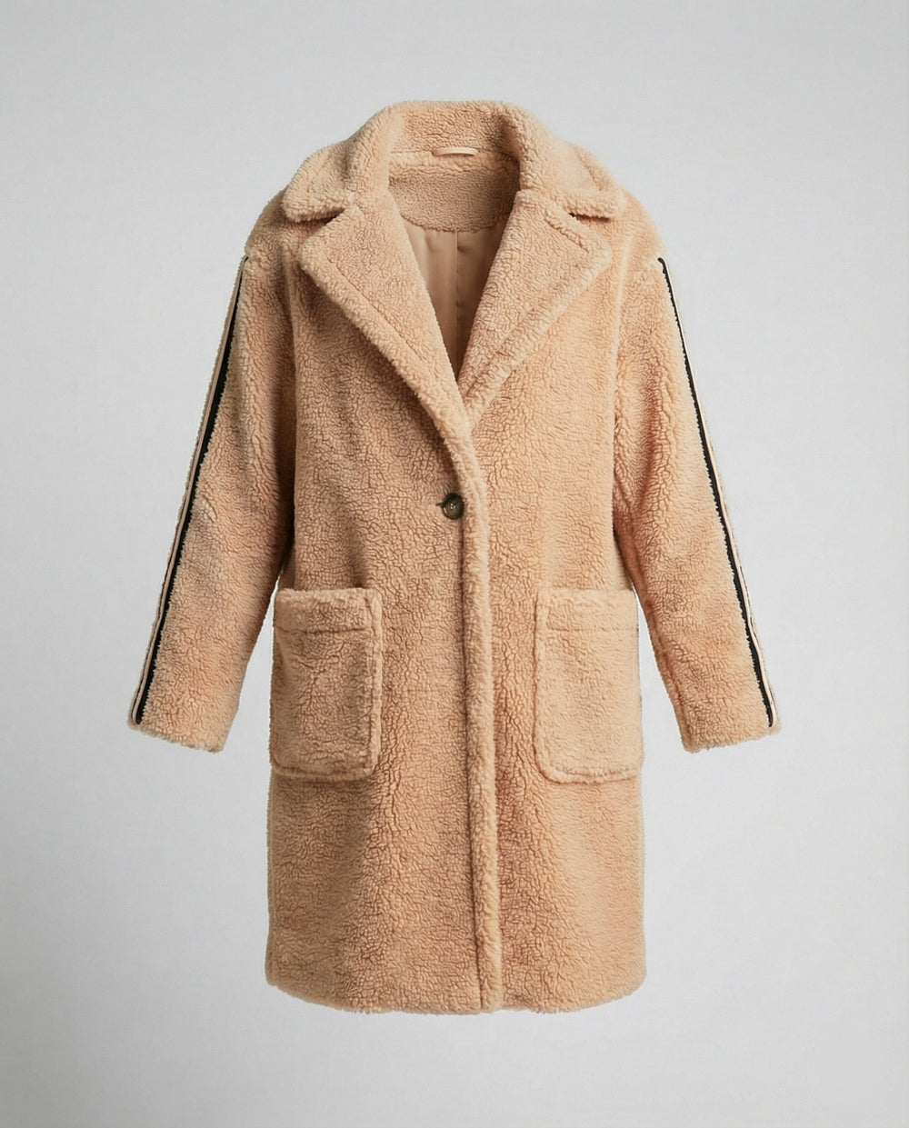 Damen eleganter Teddy-Mantel mit zwei Taschen und sportlichen Streifen EB