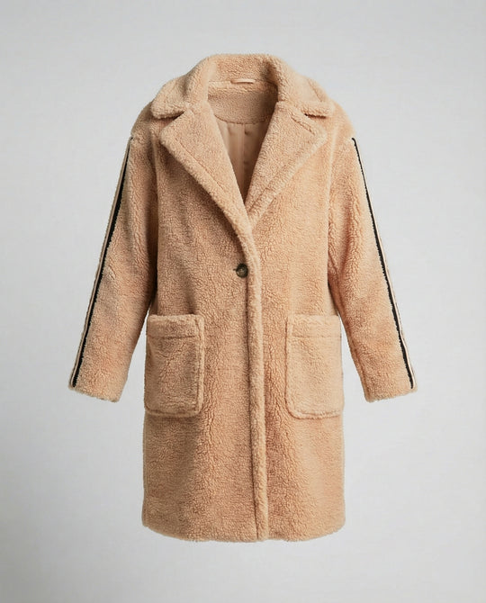 Damen eleganter Teddy-Mantel mit zwei Taschen und sportlichen Streifen EB