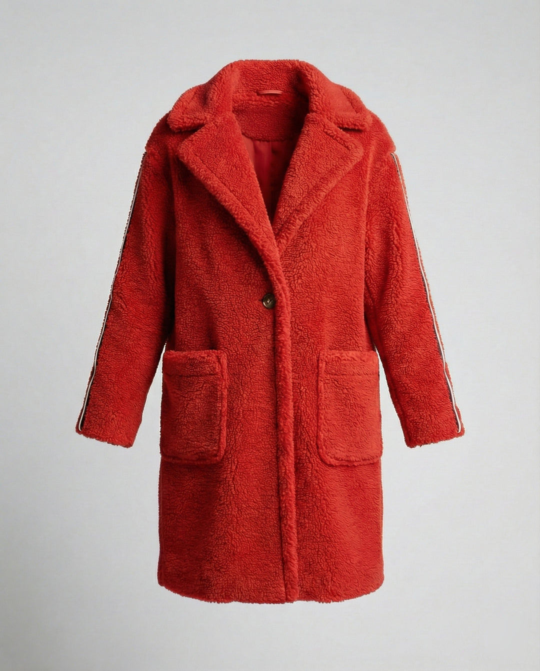 Damen eleganter Teddy-Mantel mit zwei Taschen und sportlichen Streifen EB