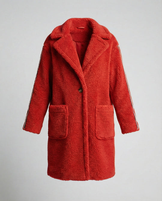 Damen eleganter Teddy-Mantel mit zwei Taschen und sportlichen Streifen EB
