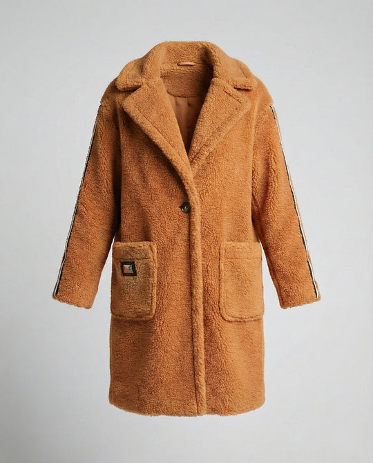 Damen eleganter Teddy-Mantel mit zwei Taschen und sportlichen Streifen EB