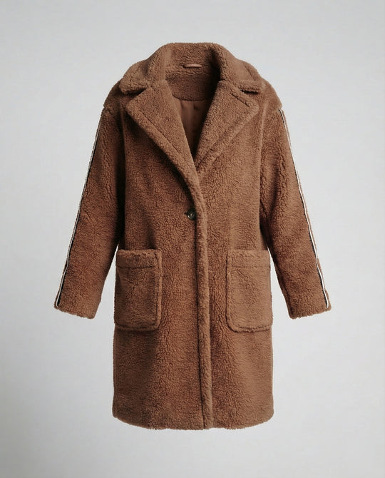 Damen eleganter Teddy-Mantel mit zwei Taschen und sportlichen Streifen EB