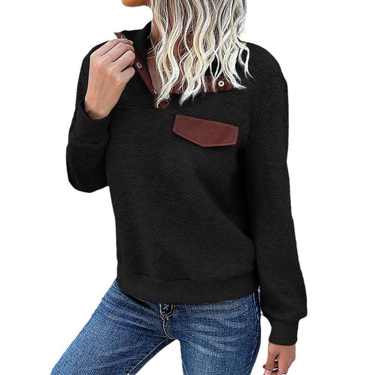 Damen Stehkragen Sweatshirt mit Knopfdetails und Brusttasche EB
