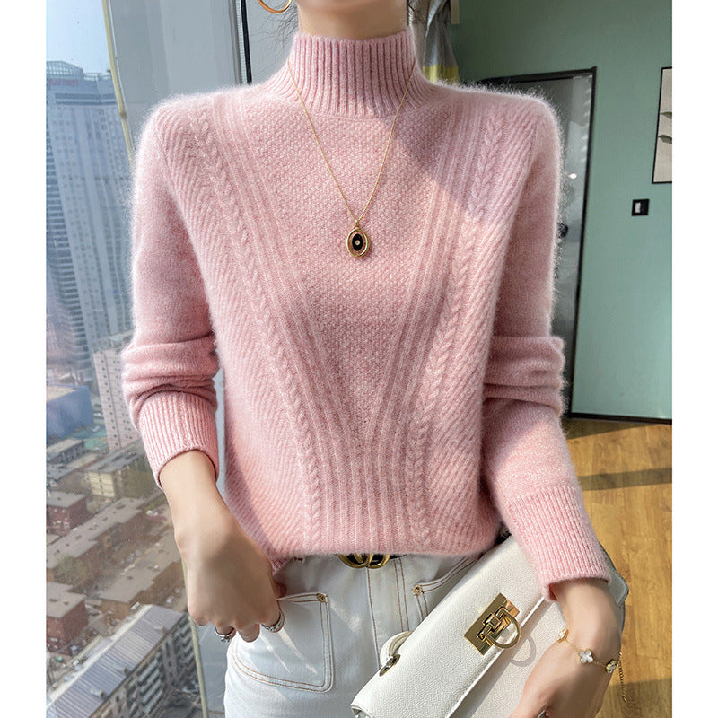 Damen Strickpullover mit hohem Kragen und Zopfmuster EB