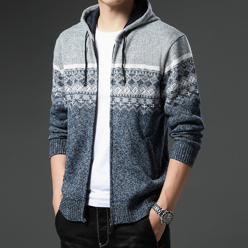 Herren gemusterte Strickjacke mit Kapuze und komfortablem Schnitt EB