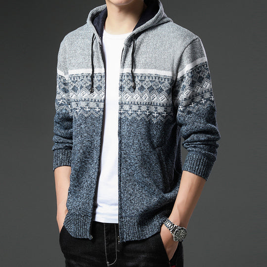 Herren gemusterte Strickjacke mit Kapuze und komfortablem Schnitt EB