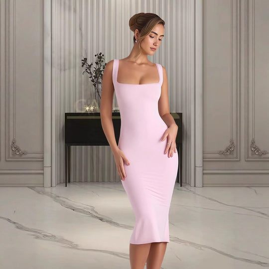 Damen Figurumspielendes Midi-Kleid mit quadratischem Ausschnitt und schmalem Schnitt EB