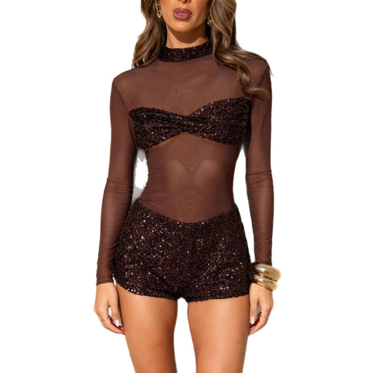 Damen Glitzerndes Jumpsuit mit langen Ärmeln EB