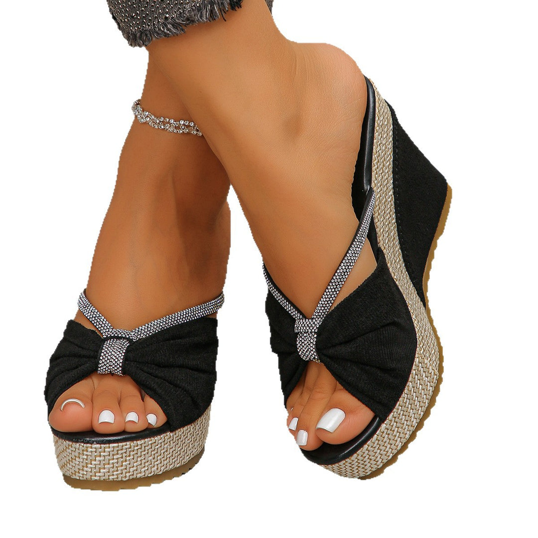 Damen Wedge-Sandalen mit dekorativem Knoten-Design und funkelnder Schmuckverzierung EB
