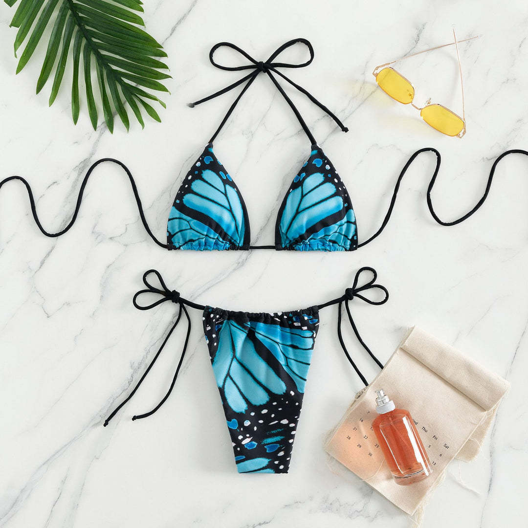 Damen Triangel-Bikini mit buntem Schmetterlingsmuster und verstellbaren Bindebändern EB
