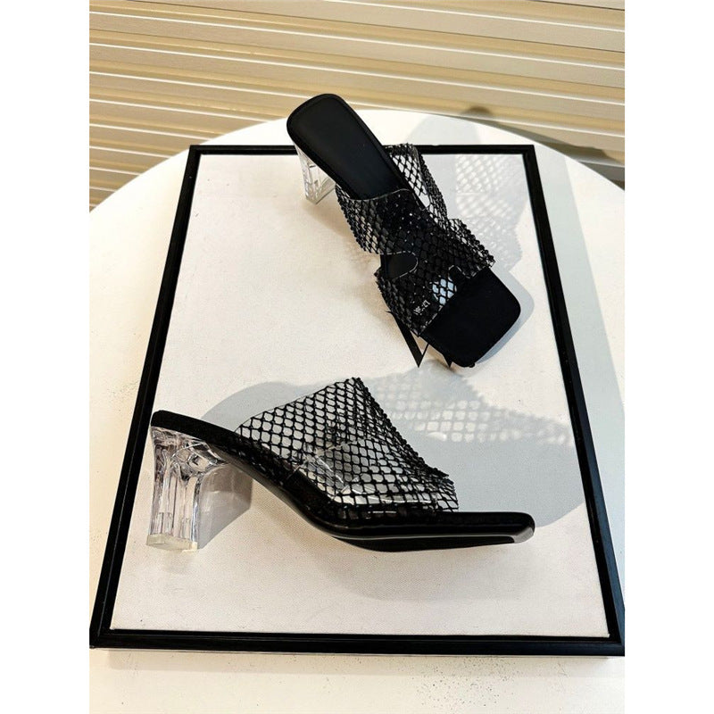 Damen transparente Mules mit schickem Netzdesign EB