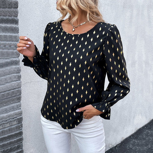 Damen Bluse mit elegantem geometrischem Muster und Rüschendetails EB