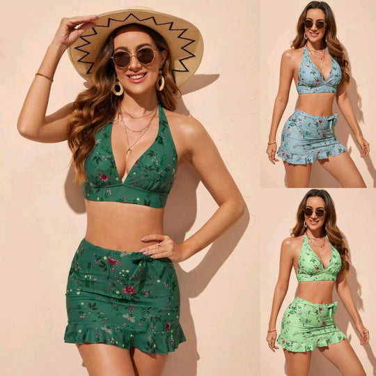 Damen Floral Print Bikini-Set mit Wickelröckchen EB