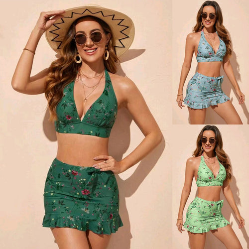 Damen Floral Print Bikini-Set mit Wickelröckchen EB