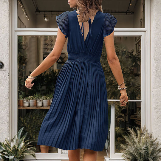 Damen Plissiertes Midikleid mit V-Ausschnitt und Rüschendetails EB