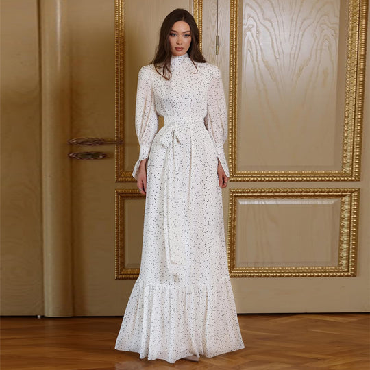 Damen Maxikleid mit edlen Pünktchen und raffinierten Rüschendetails EB